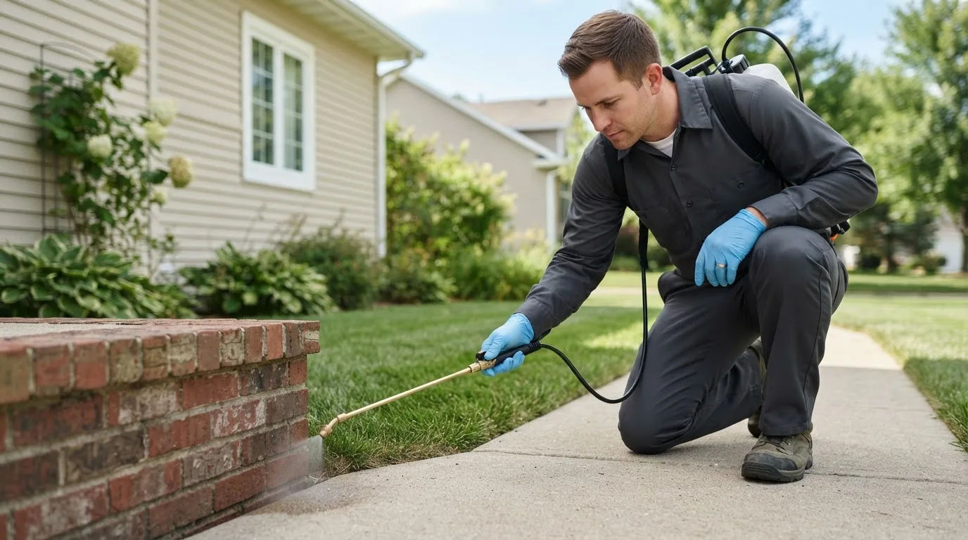Pest control technician treating a home near Universal City, TX